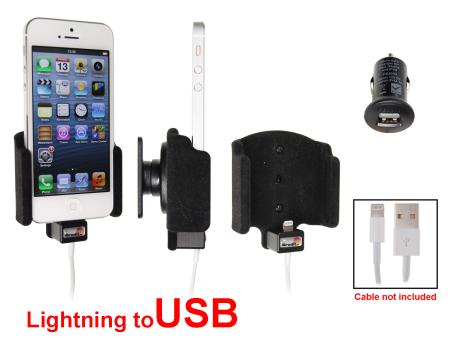 Авто держатель BRODIT для Apple iPhone 5/5S/SE c фиксацией Lightning кабеля (MD818) и автомобильным USB адаптером [514442]